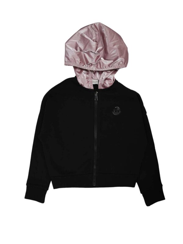 FELPA NERA CON ZIP E CAPPUCCIO ROSA